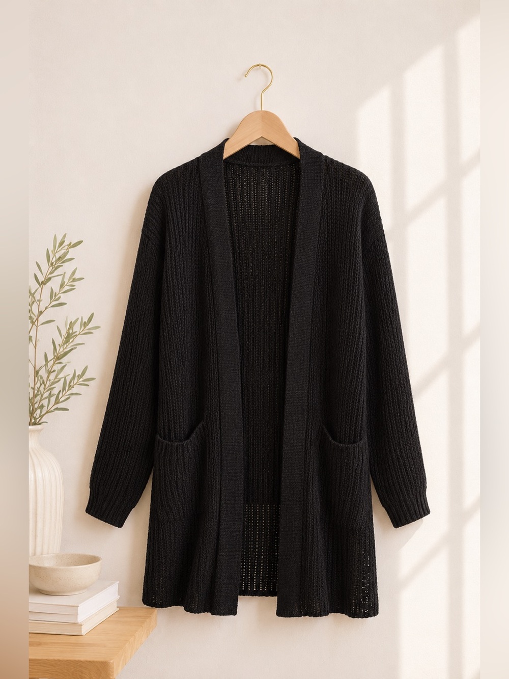 Fashion Nova Black Open-Front Long Cardigan